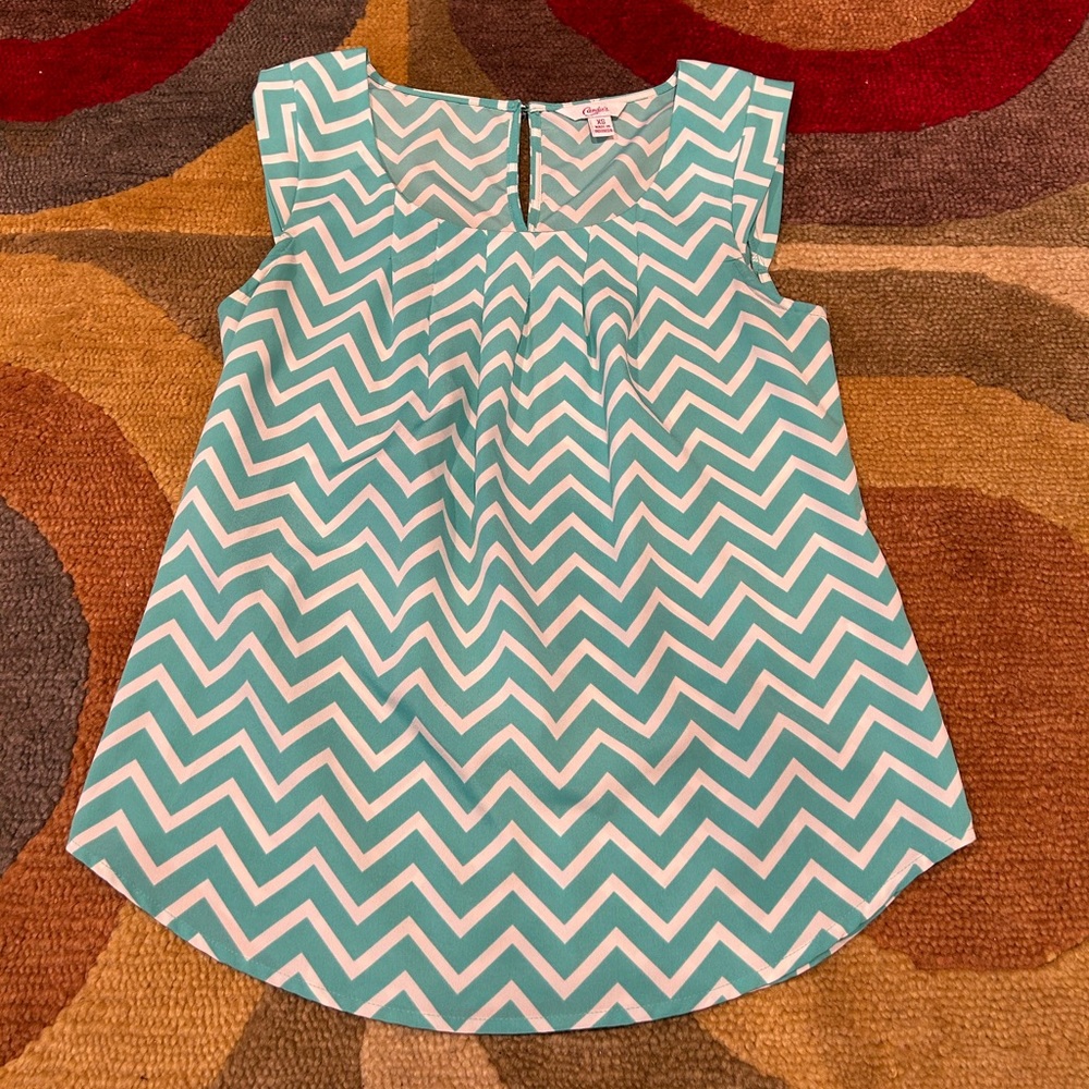 Candie’s Mint Green White Chevron Print y2k Blouse Top Cap Sleeves Junior’s XS